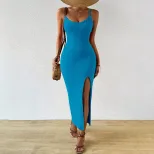 Summer Beach Dress for Women Sexy Bodycon Split Design Knitted Fabric Mid Length Perfect for Vac