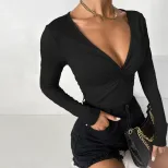 V Neck Long Sleeve T Shirt Slim Fit Minimalist Design Spring Summer Style Womens Casual Wear Who