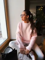 Womens Oversized Knit Sweater Round Neck Faux Mink Fabric Long Sleeve Casual Style Perfect for S