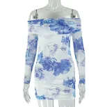 Printed Strapless Bodycon Dress Blue and White Off Shoulder Sexy Style Perfect for Summer Partie