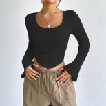 Fashionable Elegant Womens T Shirt Square Neck Flared Long Sleeves Spring Summer Style Wholesale