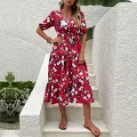 Vintage Floral Print V Neck Split Maxi Dress Summer Fashion for Women Elegant and Romantic Style