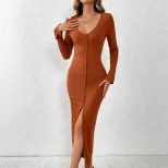V Neck Long Sleeve Bodycon Dress Slim Fit Side Slit Button Detail Chic Style for Parties or Casu