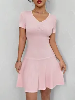 Summer Womens Dress Solid Color V Neck Slim Fit A Line Silhouette Casual Wear Ready to Ship