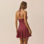 Summer Womens Dress Burgundy Polka Dot Floral Print Ruffled Hem Fitted Waist Wholesale Available