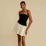 Color Block Strapless Mini Dress Elegant French Style Fitted Waist Spring Summer Fashion Wholesa