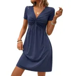 Casual Short Sleeve Dress V Neck Waist Tie Solid Color Perfect for Vacation and Summer Outings W