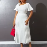 Plus Size Elegant Ruffle Sleeve Asymmetrical Dress Pleated Design European Style Casual Wear Who