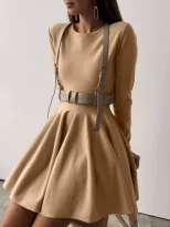 Knit Dress Round Neck Waist Defined Pleated Design Casual Chic for Everyday Wear Wholesale Avail