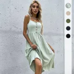 Summer Womens Casual Dress Slim Fit Solid Color Cotton Linen Blend Spaghetti Straps Perfect for