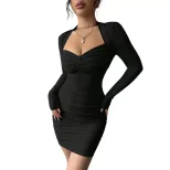 Black Long Sleeve Bodycon Ruched Dress Stretch Fabric Versatile Style Perfect for Spring and Sum