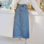 High Waisted A Line Denim Skirt Plus Size Mid Length Split Design Casual Wear for Students Whole