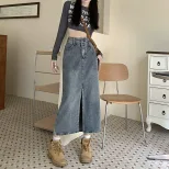 夏季新款小众设计感开叉半身裙女高腰显瘦包臀a字中长裙牛仔长裙
