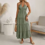 Casual Vacation Style Halter Neck Maxi Dress Solid Color Layered Design Flowy Silhouette Perfect