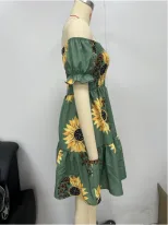 Short Sleeve Off Shoulder Ruched Floral Dress Waist Defined Elegant Design Perfect for Summer Ev