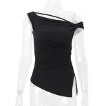 Off Shoulder T Shirt Fashionable Design Irregular Hem Solid Color Summer Casual Wear for Women W