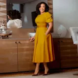 Elegant A Line Dress with Puff Sleeves Round Neck Waist Defined Flowy Skirt Perfect for Parties
