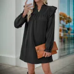 Long Sleeve Ruffle Hem Dress Loose Fit Solid Color Stand Collar Casual Wear Spring Fall Wholesal