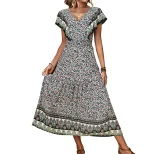 Vintage Bohemian Ruffle Hem V Neck Printed Dress Elegant Design Comfortable Fabric Perfect for S