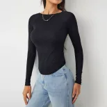 Womens Slim Fit High Stretch Knit Long Sleeve T Shirt Casual Fashion Spring Summer Collection Wh