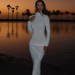 Elegant Backless Tie Back Bodycon Dress Long Sleeve Stand Collar Slim Fit Perfect for Parties an