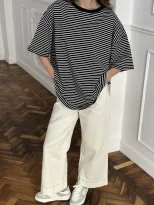 Womens Black and White Striped Short Sleeve T Shirt Color Block Loose Fit Round Neck Casual Top
