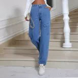 Womens Straight Leg Denim Jeans Trendy Street Style Pocket Design Casual Wear Wholesale Availabl