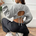 High Waisted Cropped Sweatshirt Drawstring Waist Loose Fit Long Sleeve Casual Style Wholesale Av