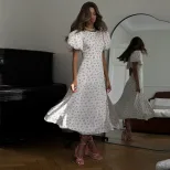 Floral Print Maxi Dress French Style Round Neck Puff Sleeves Backless High Slit Summer Casual We
