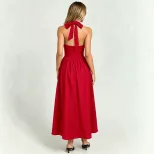 Vintage French Style Halter Neck Tie Dress Backless Waist Cinching Flared Hem High Slit Perfect
