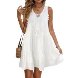Bohemian White Sleeveless Dress Ethnic Style V Neck Tassel Detail Short Length Summer Beach Vaca