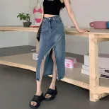 不规则牛仔半身裙女夏高腰ins潮设计开叉小众毛边a字包臀复古裙子