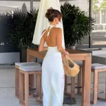Elegant V Neck Backless Floral Maxi Dress Summer Beach Vacation Style Slim Fit Lightweight Fabri