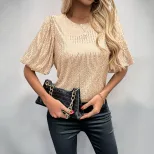 Womens Vintage Style Gold Sequin T Shirt Round Neck Flared Sleeve Casual Wear