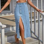 Fashionable Irregular Split Denim Maxi Skirt Womens Casual Style Perfect for Spring Summer Ready