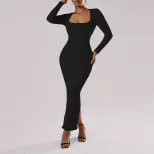 Elegant Bodycon Midi Dress Square Neck Long Sleeve Ankle Length Slim Fit Autumn Winter Fashion W