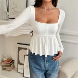Elegant Womens Long Sleeve T Shirt Square Neck Waist Cinching Versatile Design Spring Summer Cas
