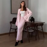 Womens Autumn Winter Solid Color Polo Cardigan and Flared Sleeve Sweater Set Elegant Knit Design