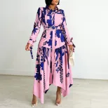 Plus Size Womens Dress Elegant Floral Print Irregular Hem Lapel Collar Casual or Formal Occasion