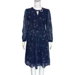Blue Printed Chiffon Long Sleeve Dress for Women A Line Silhouette Rhinestone Accents Mid Length Perfect for Spring