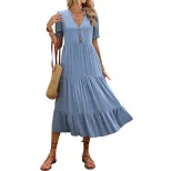 Summer A Line Midi Dress Solid Color Stand Collar Short Sleeve Casual Wear for Women Wholesale A