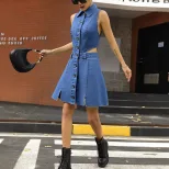Sleeveless Denim Dress Stylish Versatile Mid Waist Hollow Out Design Perfect for Casual Outings