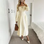Womens A Line Long Sleeve Dress Square Neck Tie Waist Pleated Flattering Fit Elegant Casual Wear
