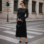 Black Polka Dot Maxi Dress for Women Long Sleeve Open Back Slim Fit Adjustable Tie Spring Summer