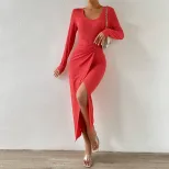 Elegant Solid Color Bodycon Dress Chic Split Design Comfortable Fit Perfect for Office or Evenin