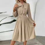 Chic Pleated Dress Bow Tie Neck Puff Sleeves Solid Color Office Wear or Casual Events OEM Availa