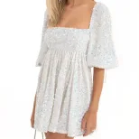 Plus Size Loose Sequin Mini Skirt Dress Short Sleeve Square Neck Solid Color Flared Hem Summer C