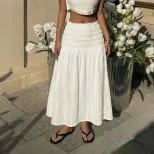 Casual Maxi Skirt Elastic Waist Solid Color Textured Fabric Vacation Wear for Women Wholesale Av