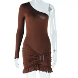 Asymmetrical One Shoulder Dress Solid Color Ruffle Hem Metallic Accents Elegant Evening Wear Who