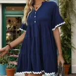 V Neck Solid Color Dress with Ruffled Hem for Beach Vacation Casual Wear in Blue Available in S to XL Wholesale
